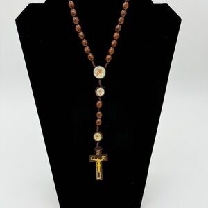 Pope Francis Catholic Rosary Prayer Necklace Double Sided Carved Wooden Beads